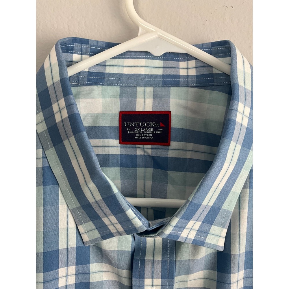 Untuckit Turley WF Shirt Men's XXL Blue Plaid Long‎ Sleeve Wrinkle Free Cotton - Picture 3 of 7